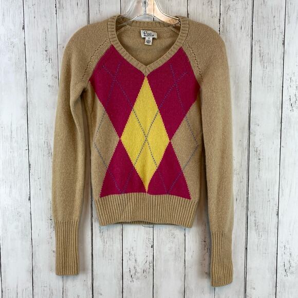 Lilly Pulitzer Tan Cashmere Argyle Long Sleeve V-Neck Preppy Sweater Size XS - Picture 1 of 8